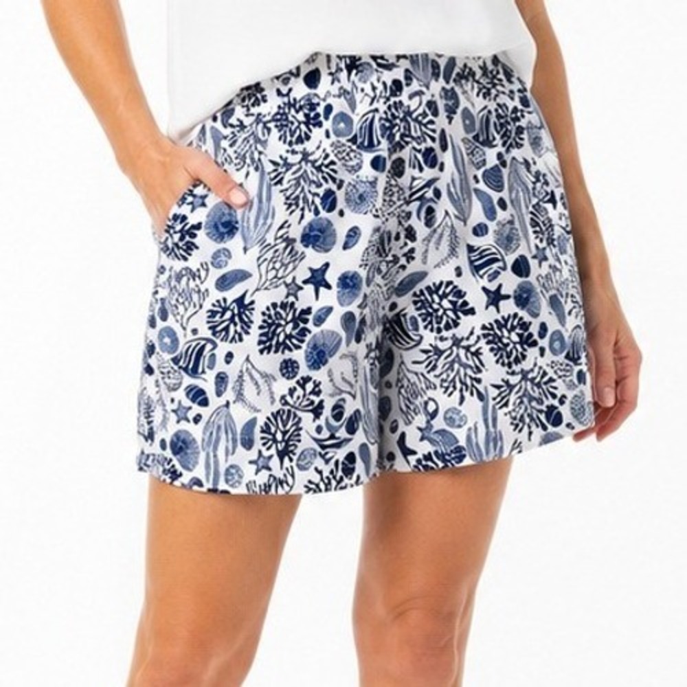Sigrid Olsen Linen Shorts Women Large Blue White Sea Life Coastal Beach Vacation